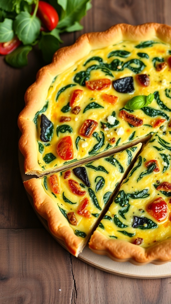 Quiche Florentine Recipe A slice of Quiche Florentine with spinach and cheese on a wooden table, garnished with herbs.